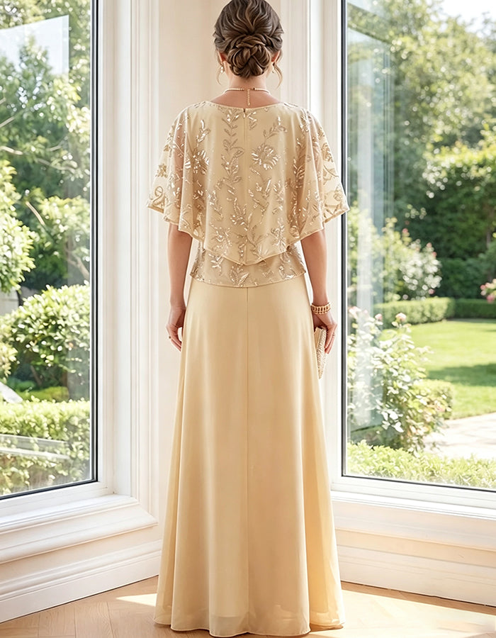 Champagne Round Neck Cape Sleeve Sequin Chiffon Maxi Dress