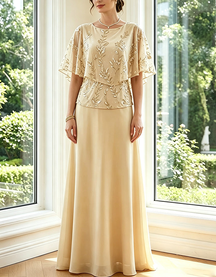 Champagne Round Neck Cape Sleeve Sequin Chiffon Maxi Dress
