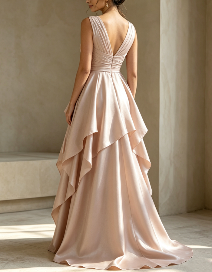 Draped Boat Neckline Satin Maxi Dress