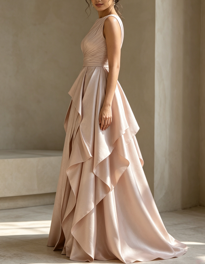Draped Boat Neckline Satin Maxi Dress