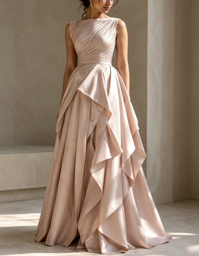 Draped Boat Neckline Satin Maxi Dress