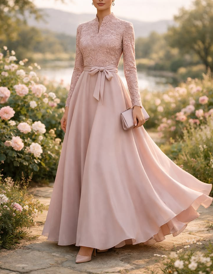 Blush Pink Lace Long Sleeve A‑Line Chiffon Maxi Dress