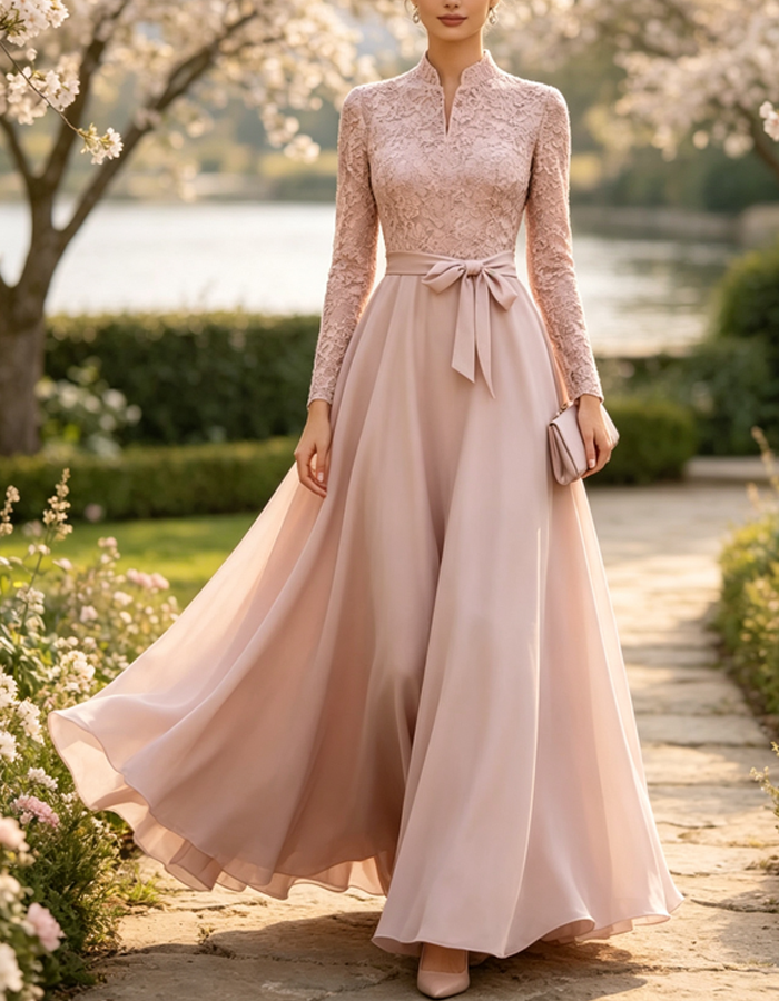 Blush Pink Lace Long Sleeve A‑Line Chiffon Maxi Dress