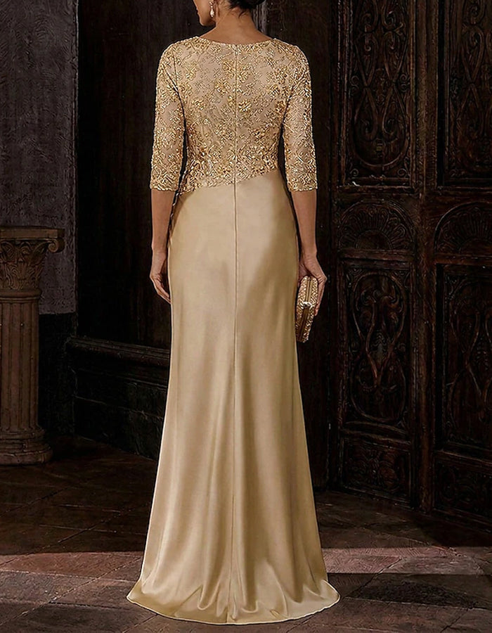 Solid Color Three Quarter Sleeve Lace Satin Maxi Dress