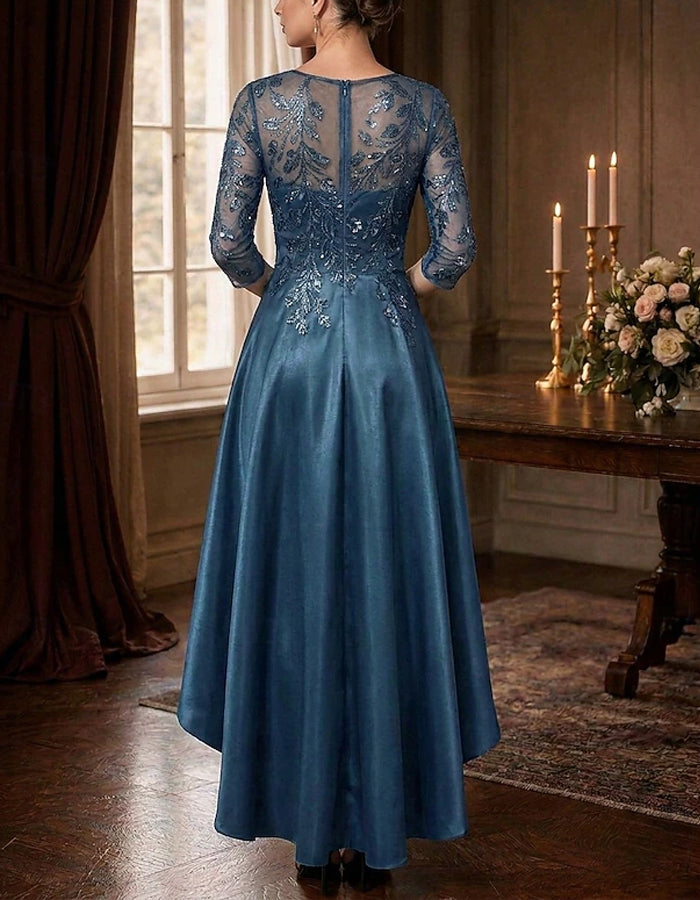 Solid Color Round Neck Three Quarter Sleeve Satin Maxi Dress