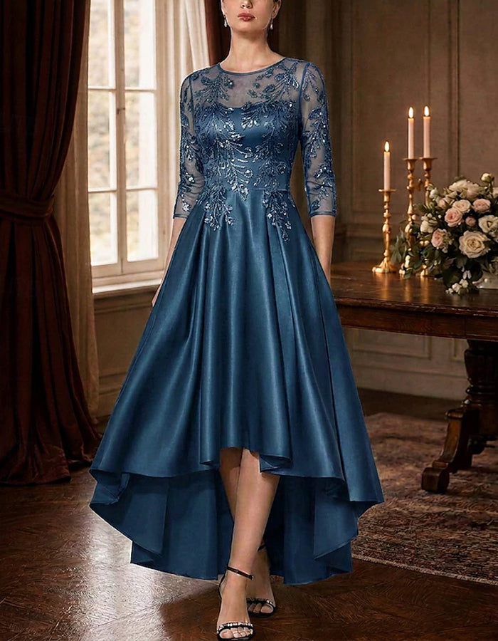 Solid Color Round Neck Three Quarter Sleeve Satin Maxi Dress