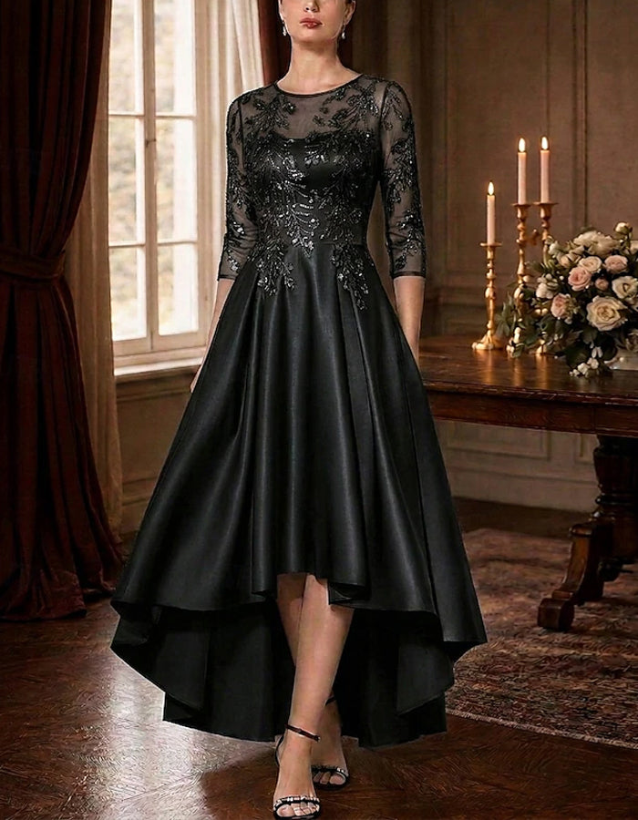 Solid Color Round Neck Three Quarter Sleeve Satin Maxi Dress