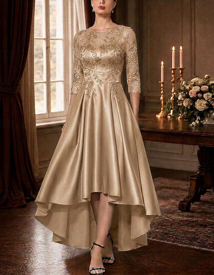 Solid Color Round Neck Three Quarter Sleeve Satin Maxi Dress