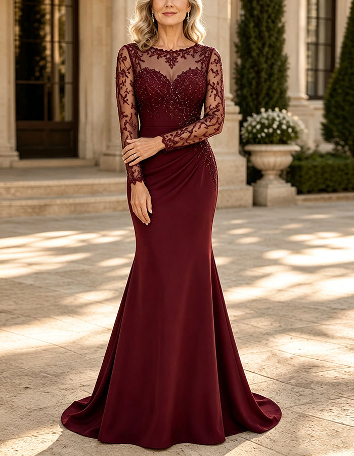 Burgundy Lace Round Neck Long Sleeve Maxi Dress