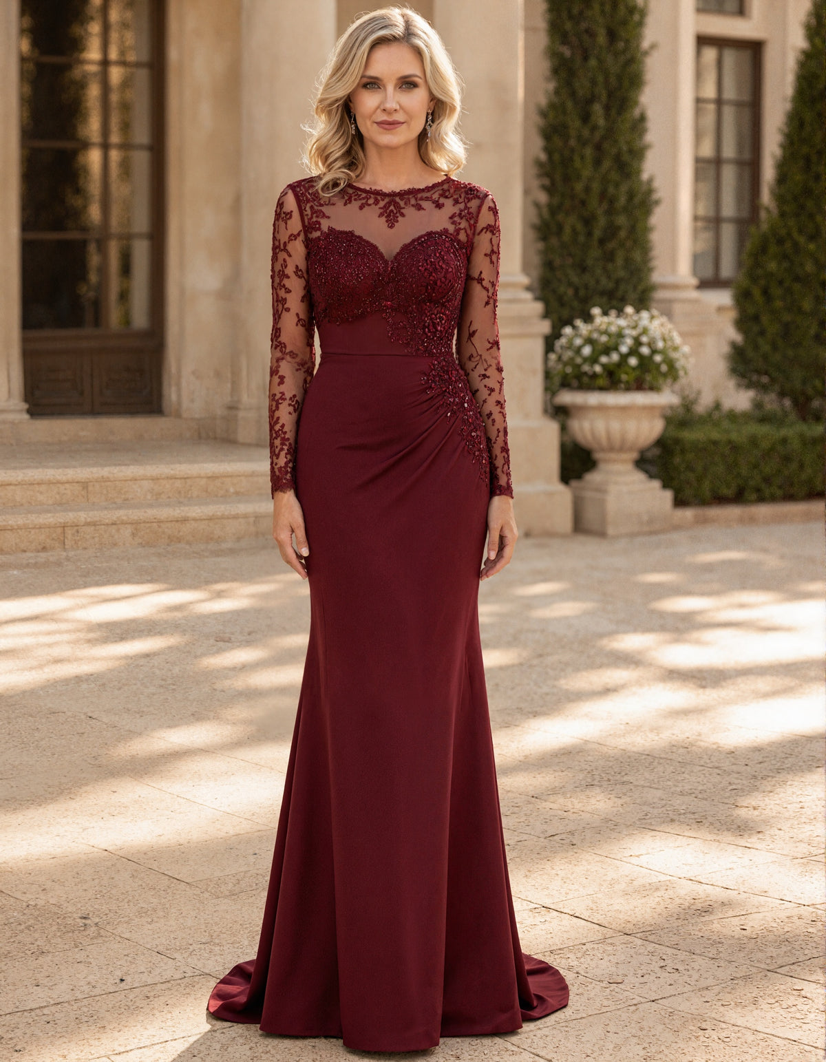 Burgundy Lace Round Neck Long Sleeve Maxi Dress