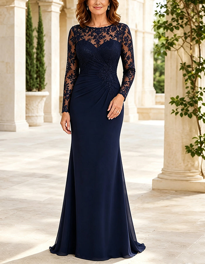 Navy Blue Lace Round Neck Long Sleeve Maxi Dress