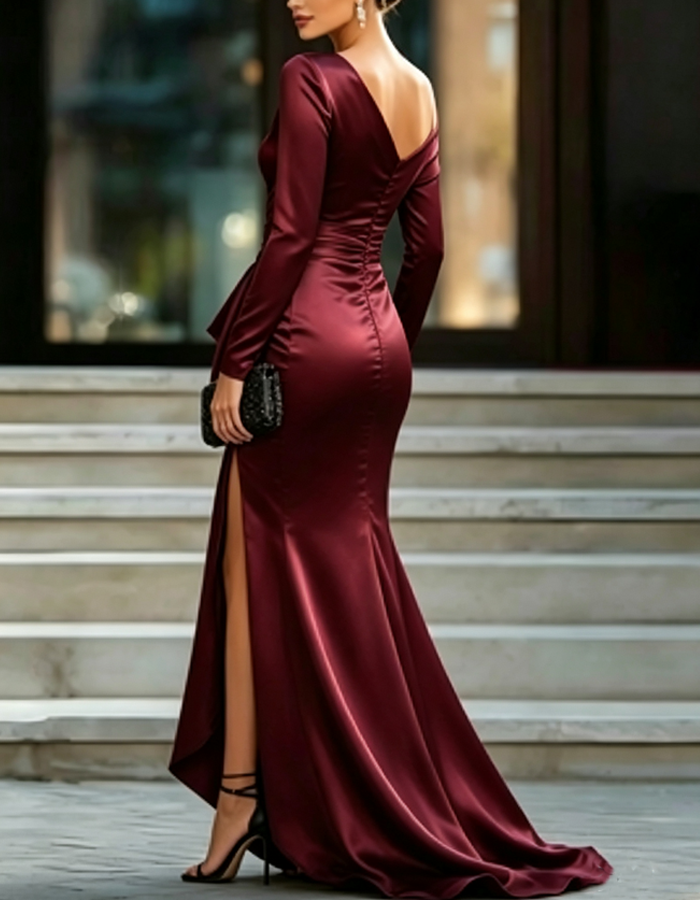 Asymmetrical One-shoulder Neckline Satin Long Sleeves Maxi Dress