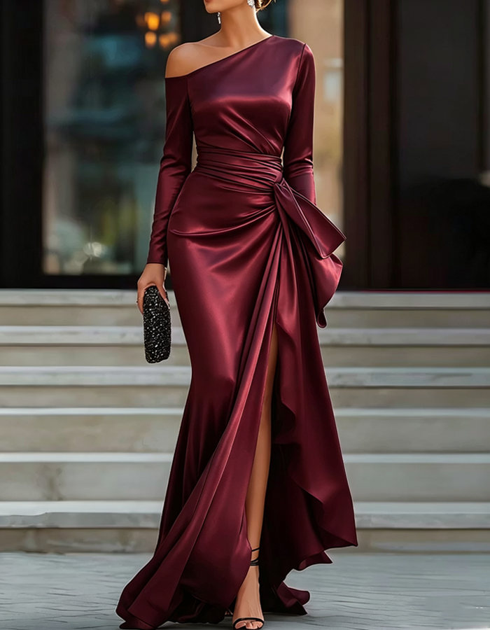 Asymmetrical One-shoulder Neckline Satin Long Sleeves Maxi Dress