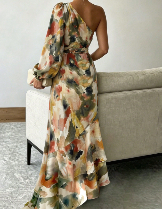 One‑Shoulder Puff‑Sleeve Watercolor‑Print Ruffle Mermaid Maxi Dress