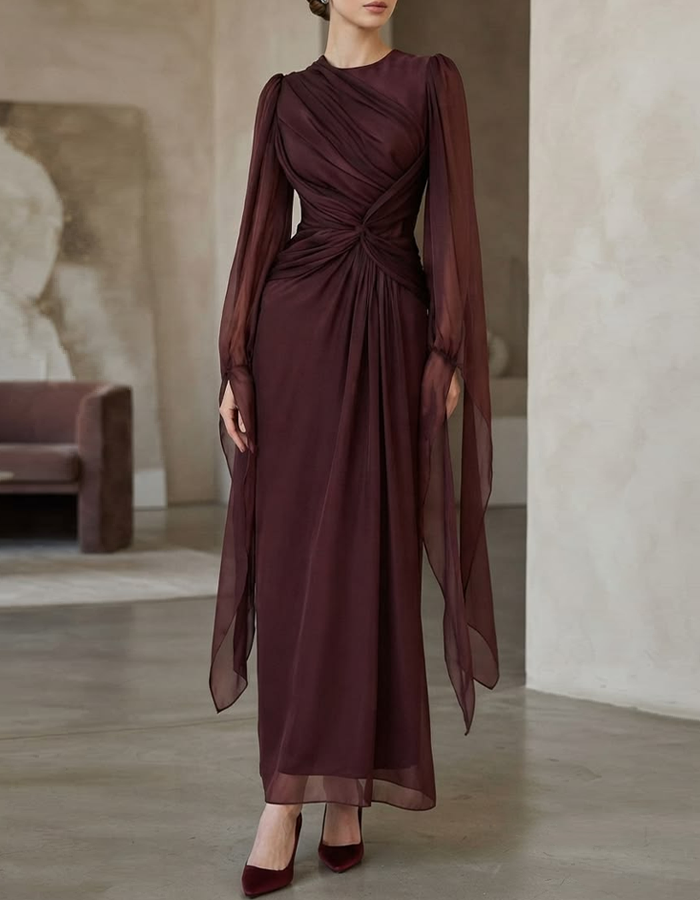 Round Neckline Chiffon Long Sleeves Knotted Pleated Maxi Dress