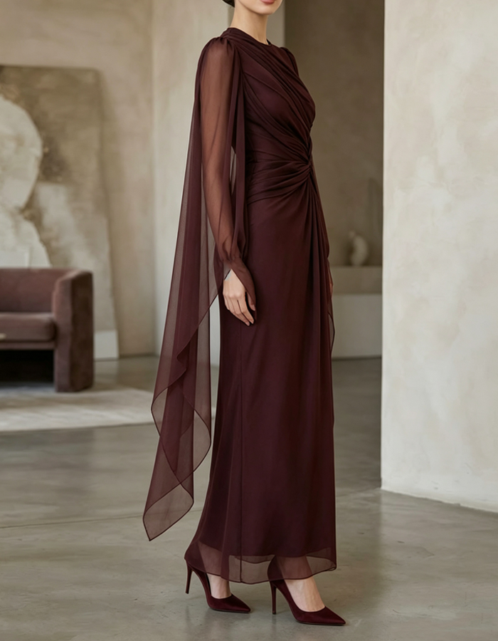 Round Neckline Chiffon Long Sleeves Knotted Pleated Maxi Dress