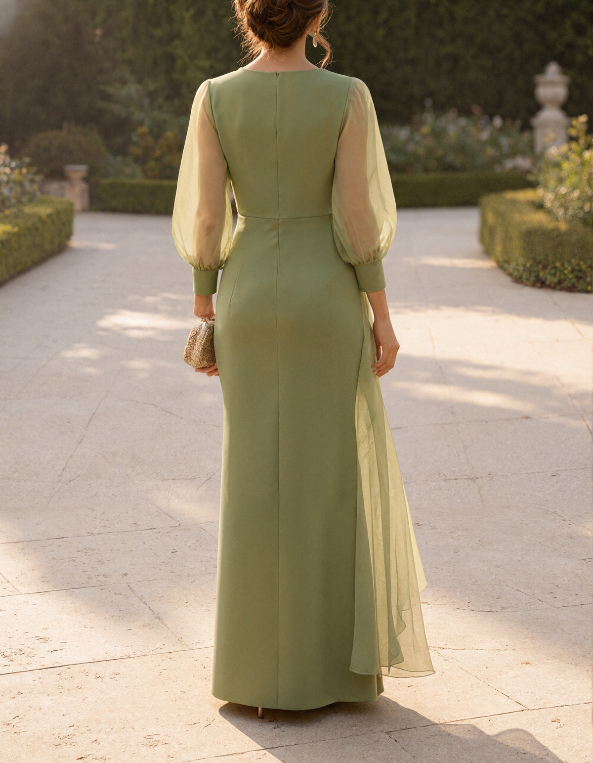 Sage Green Deep V-Neck Tulle Long Sleeves With 3D Flowers Maxi Dress
