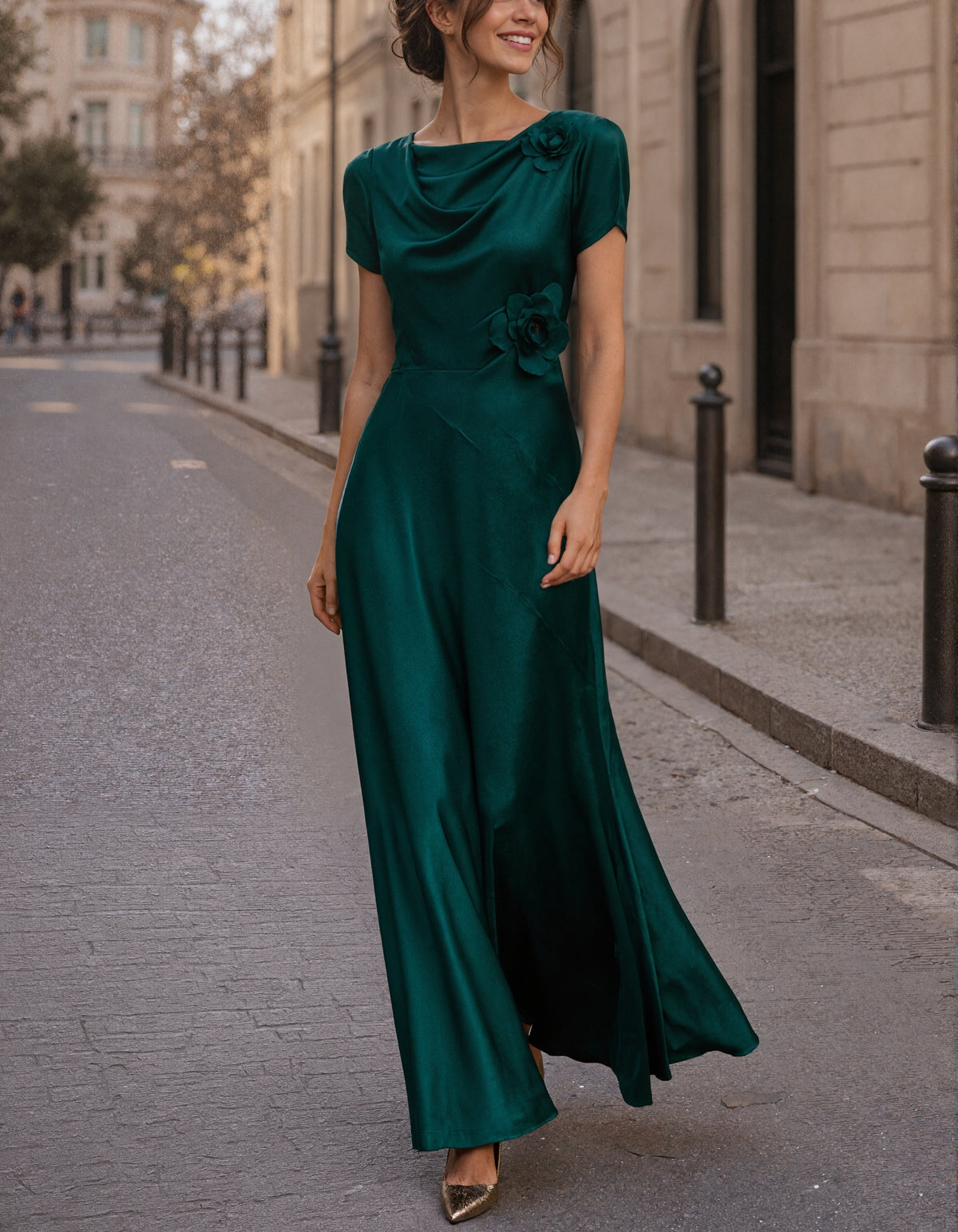 Green Satin Short Sleeved 3D Floral Print Maxi Dress