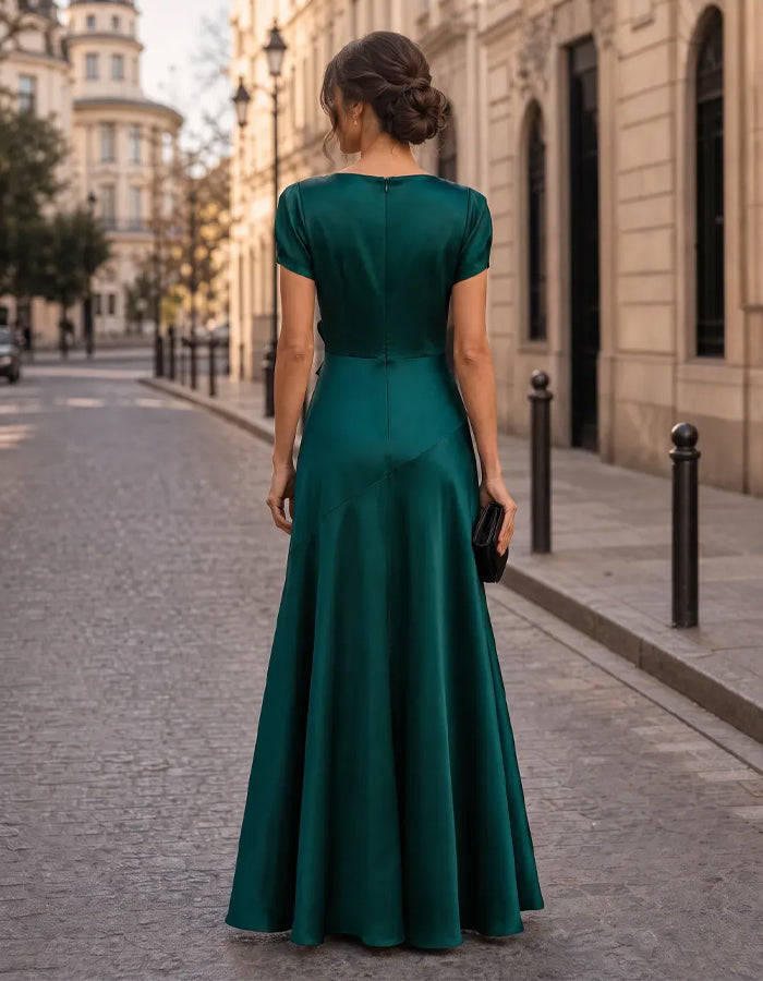 Green Satin Short Sleeved 3D Floral Print Maxi Dress
