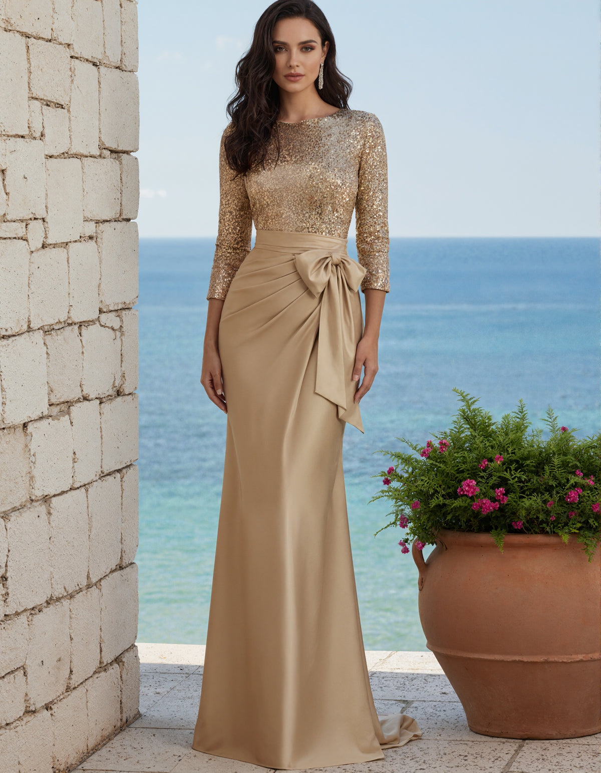 Champagne Colored Three Quarter Sleeve Sequined Satin Maxi Dress
