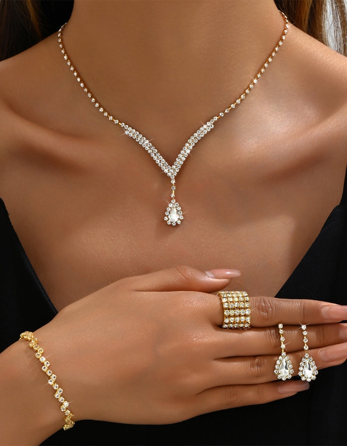 Water Droplet Necklace Earrings Bracelet And Ring 4-piece Set
