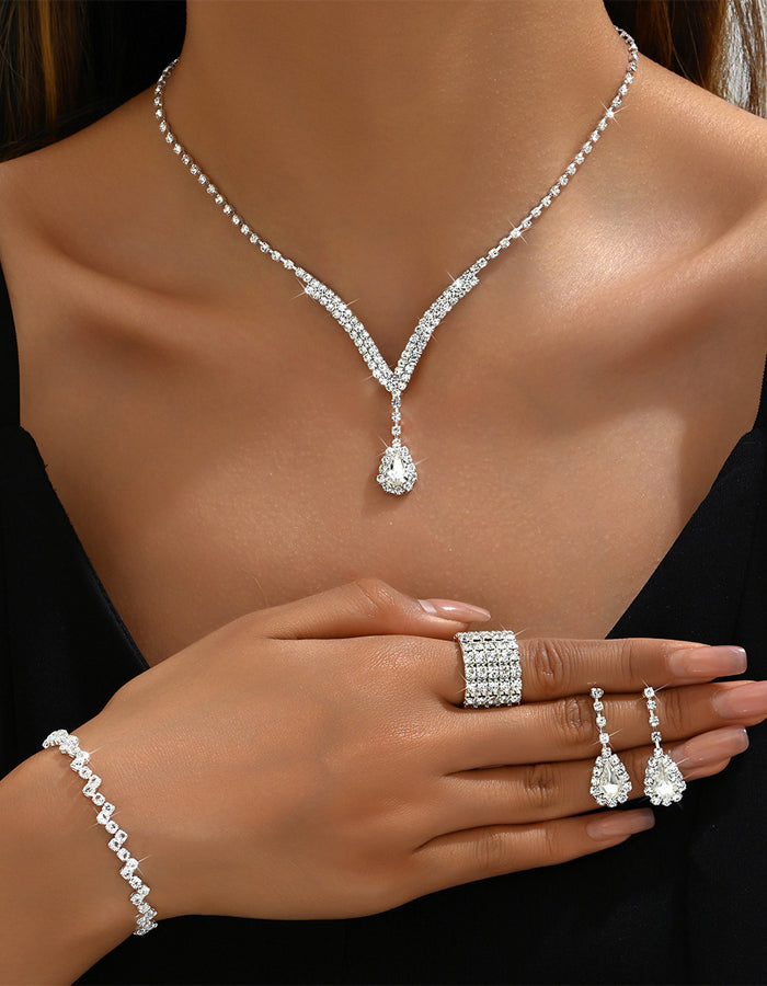 Water Droplet Necklace Earrings Bracelet And Ring 4-piece Set