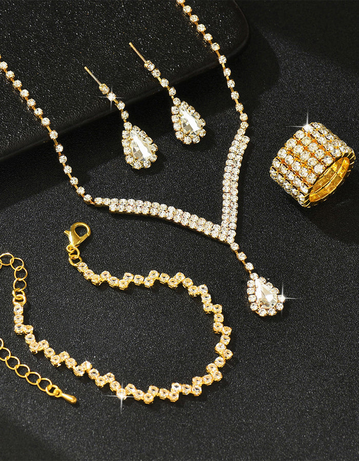 Water Droplet Necklace Earrings Bracelet And Ring 4-piece Set
