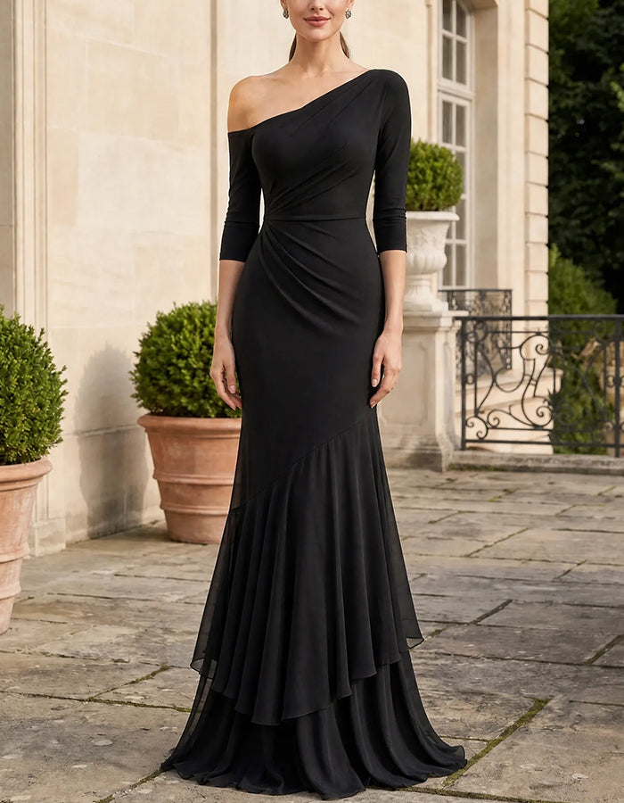 One‑Shoulder Asymmetrical 3/4 Sleeve Layered Chiffon Maxi Dress