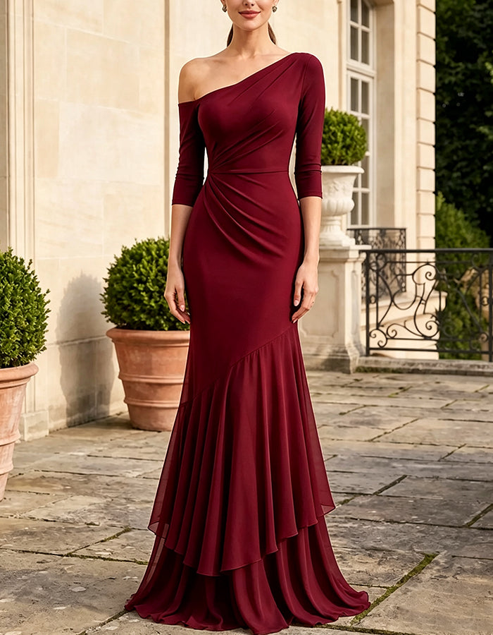 One‑Shoulder Asymmetrical 3/4 Sleeve Layered Chiffon Maxi Dress