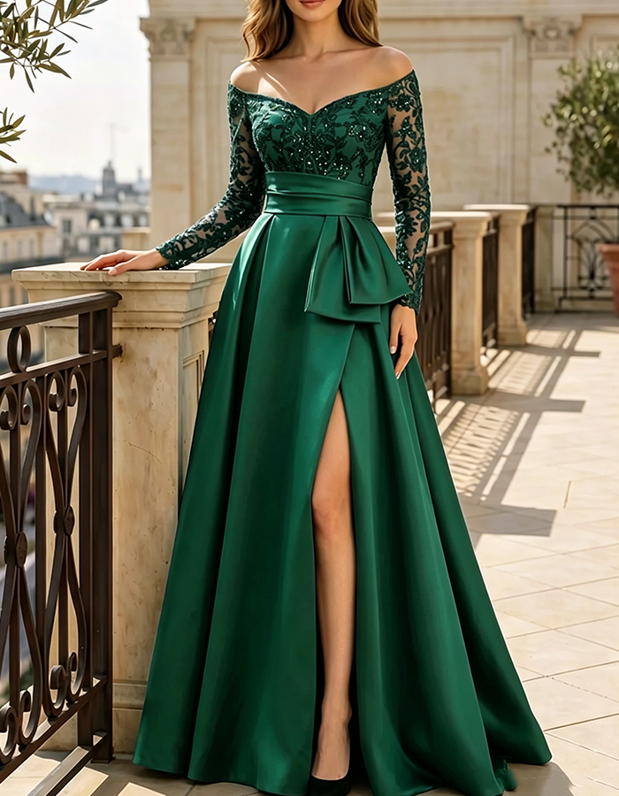 Royal Blue Off‑the‑Shoulder Sweetheart Long‑Sleeve Sequin‑Lace Satin A‑Line Maxi Dress