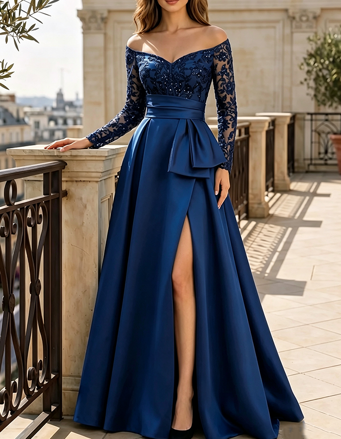 Royal Blue Off‑the‑Shoulder Sweetheart Long‑Sleeve Sequin‑Lace Satin A‑Line Maxi Dress