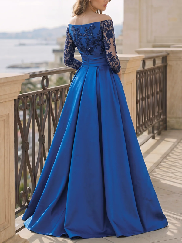Royal Blue Off‑the‑Shoulder Sweetheart Long‑Sleeve Sequin‑Lace Satin A‑Line Maxi Dress