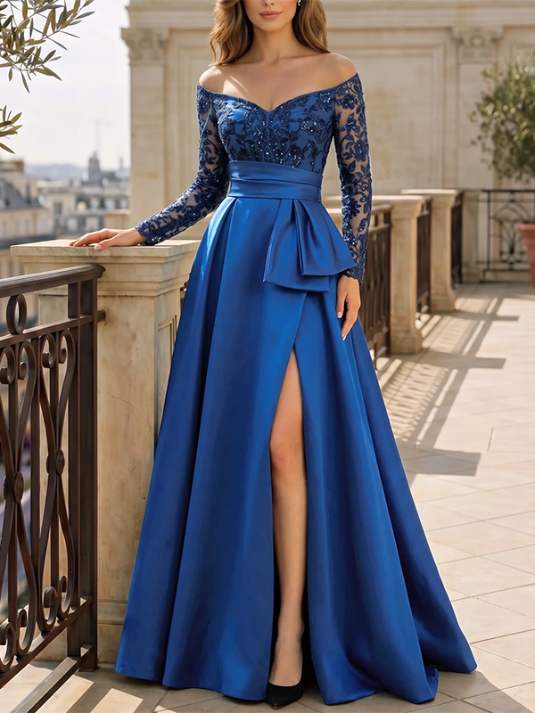 Royal Blue Off‑the‑Shoulder Sweetheart Long‑Sleeve Sequin‑Lace Satin A‑Line Maxi Dress