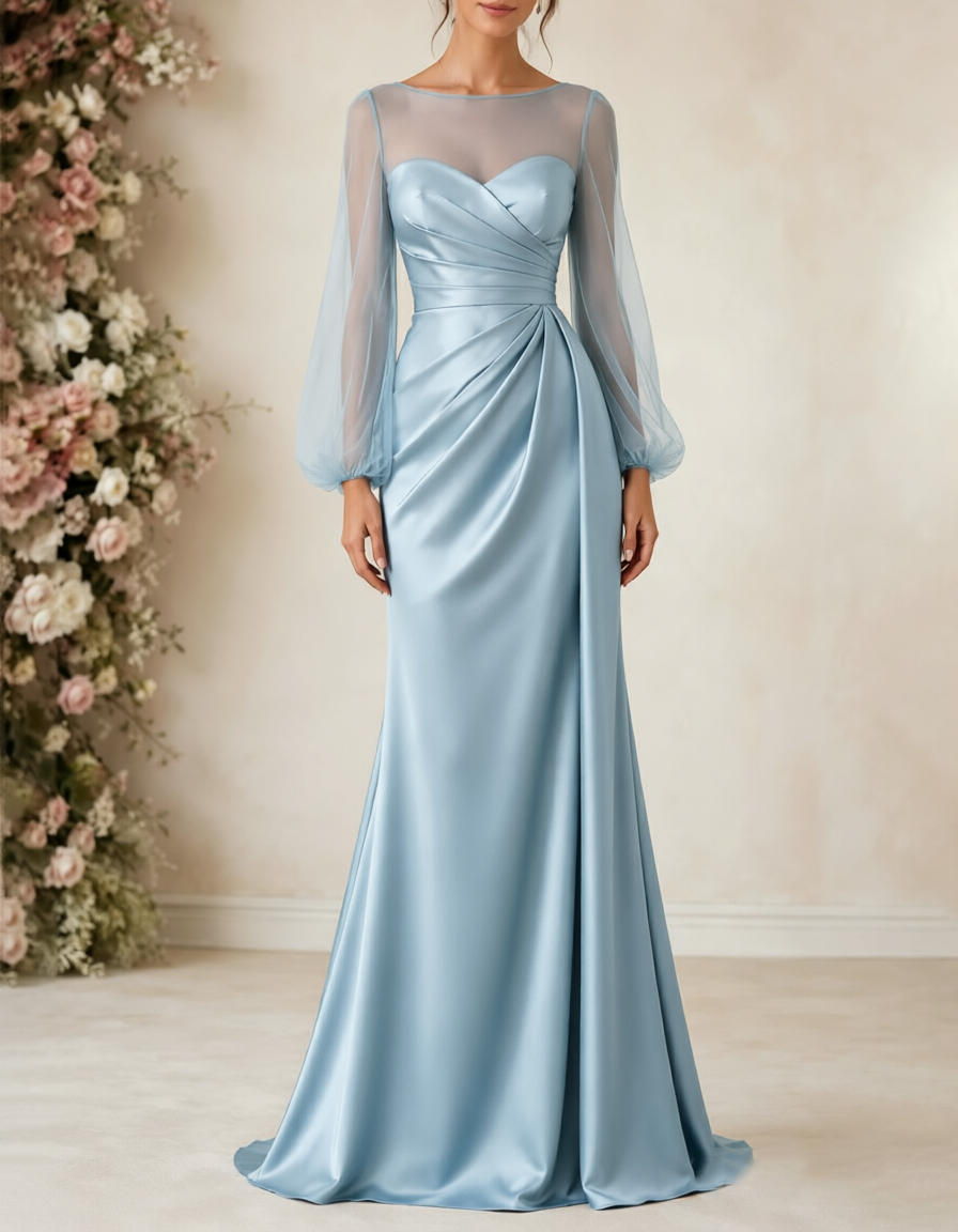 Boat‑Neck Tulle Puff‑Sleeve Satin A‑Line Maxi Dress
