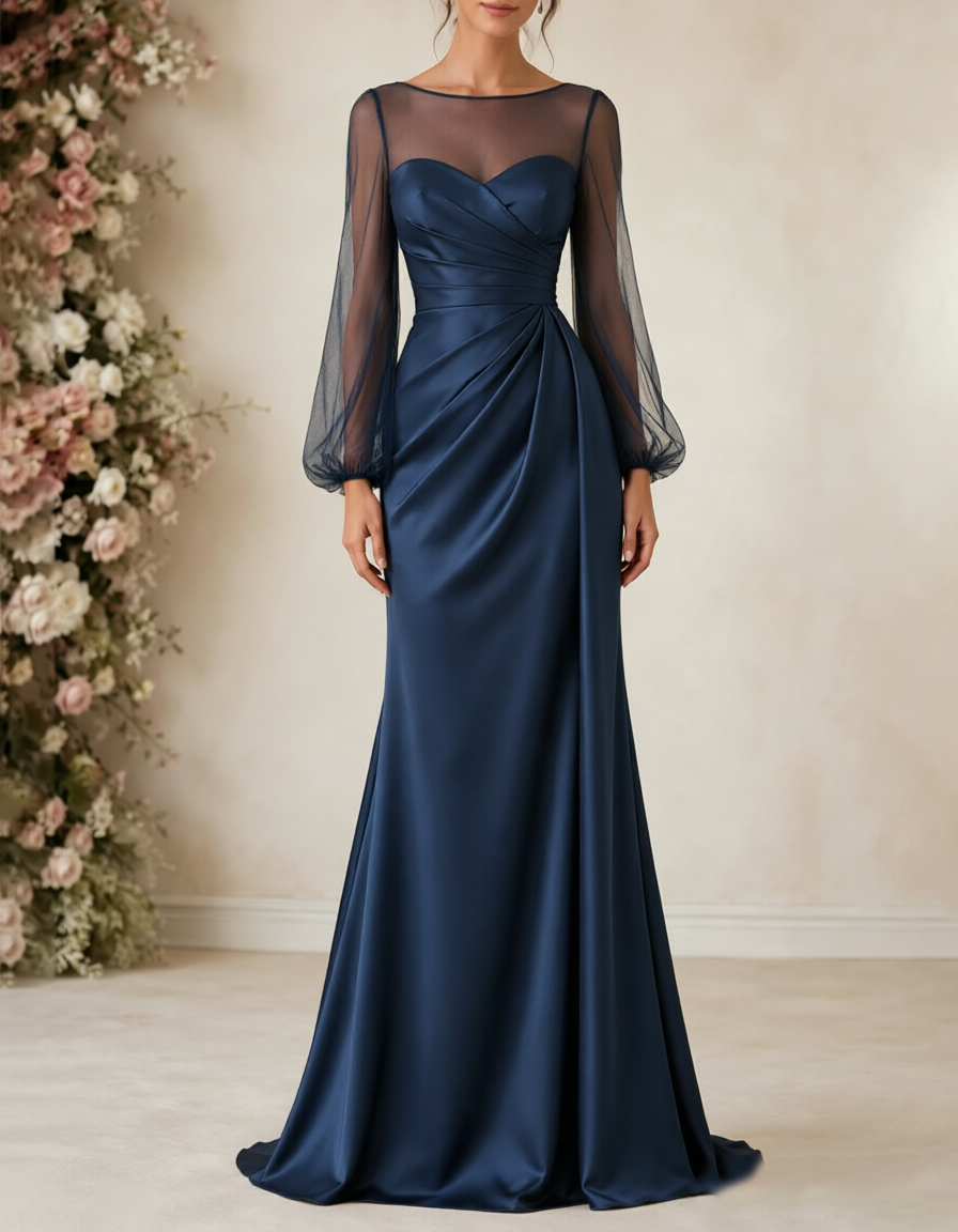 Boat‑Neck Tulle Puff‑Sleeve Satin A‑Line Maxi Dress