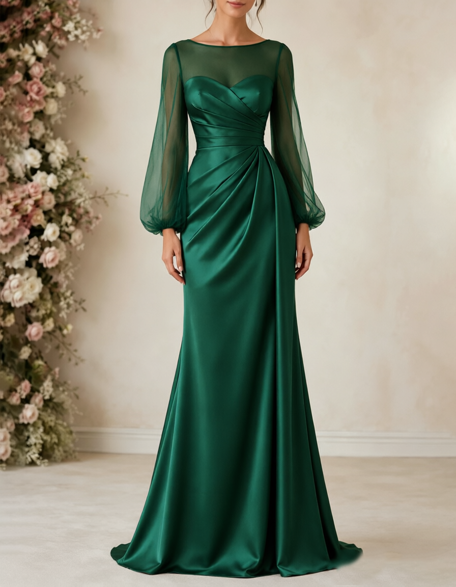 Boat‑Neck Tulle Puff‑Sleeve Satin A‑Line Maxi Dress