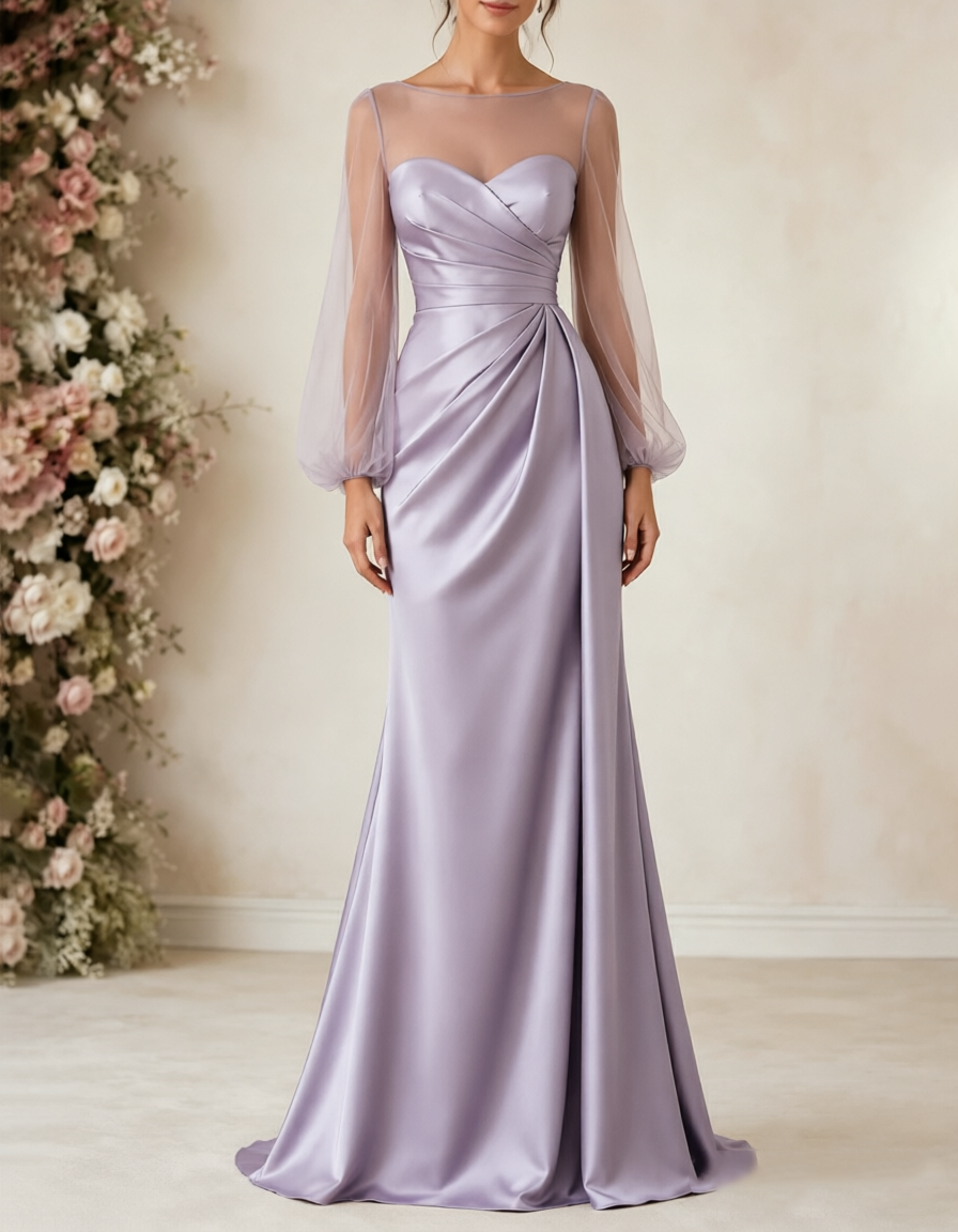 Boat‑Neck Tulle Puff‑Sleeve Satin A‑Line Maxi Dress