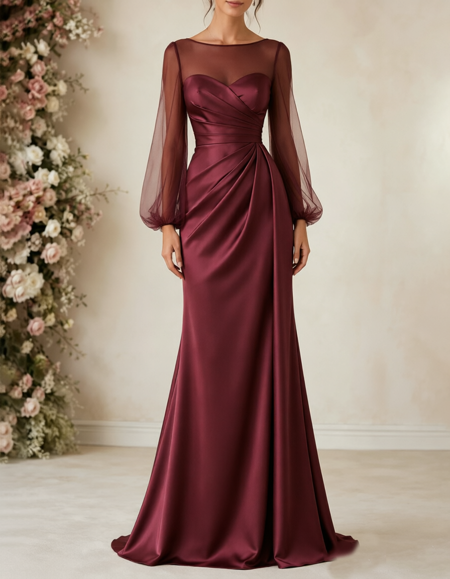 Boat‑Neck Tulle Puff‑Sleeve Satin A‑Line Maxi Dress