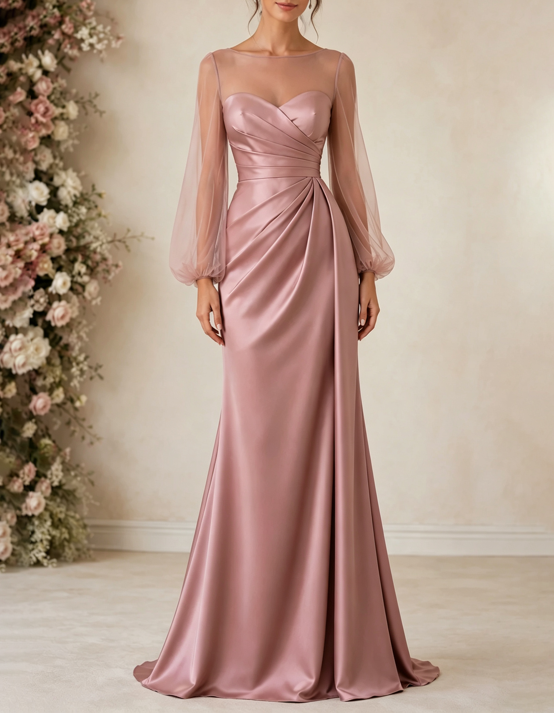 Boat‑Neck Tulle Puff‑Sleeve Satin A‑Line Maxi Dress
