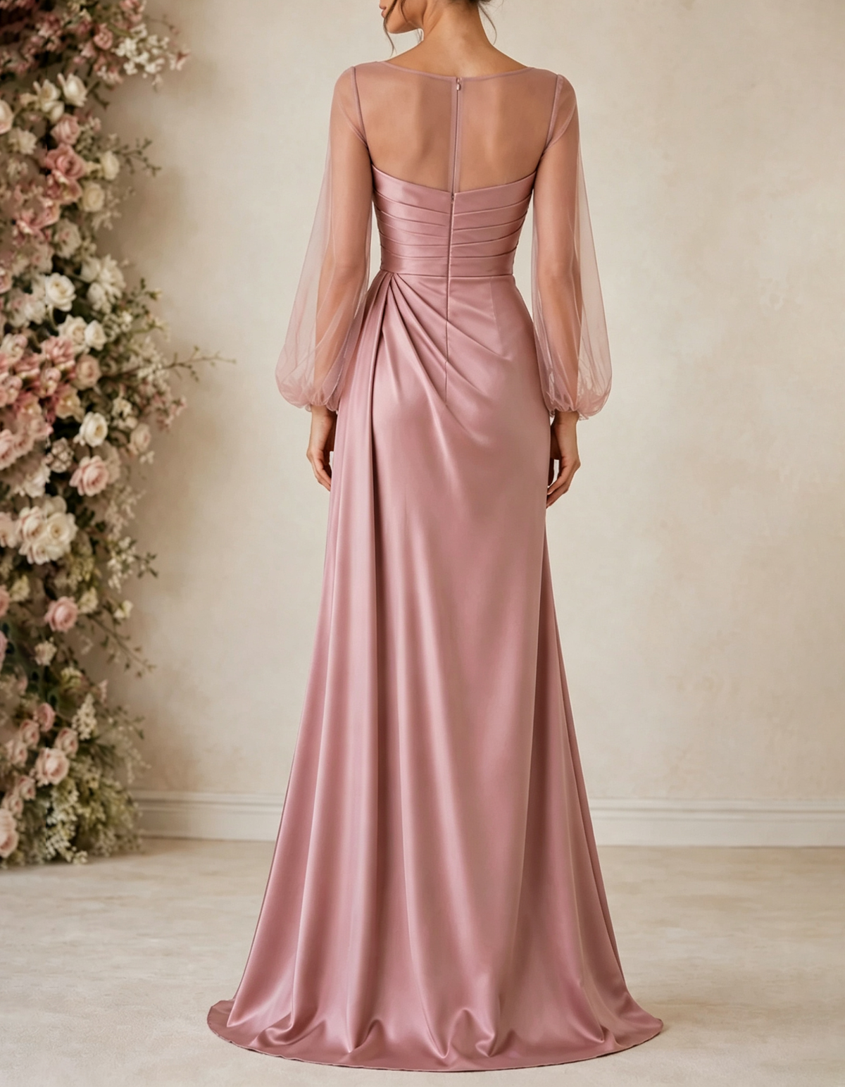 Boat‑Neck Tulle Puff‑Sleeve Satin A‑Line Maxi Dress