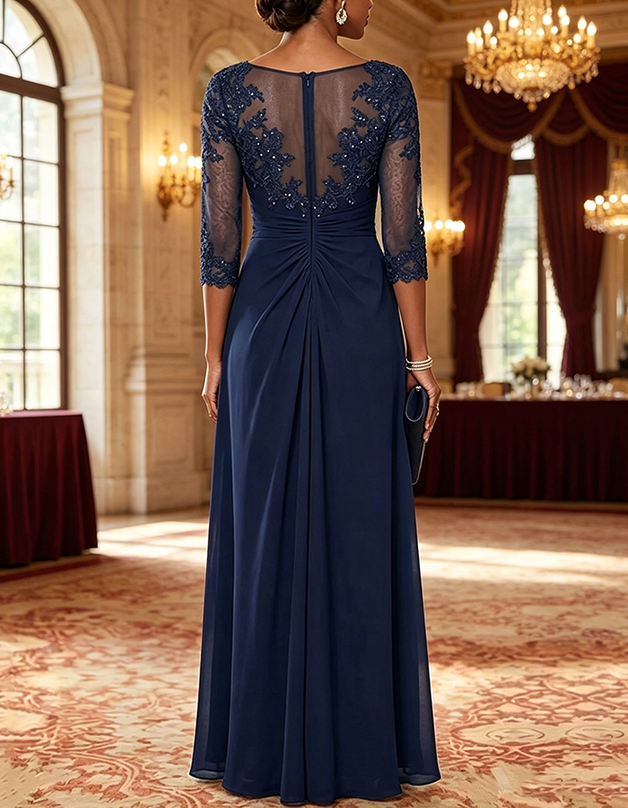 Navy‑Blue Bateau‑Neck Three‑Quarter‑Sleeve Sequin‑Lace Chiffon Maxi Dress