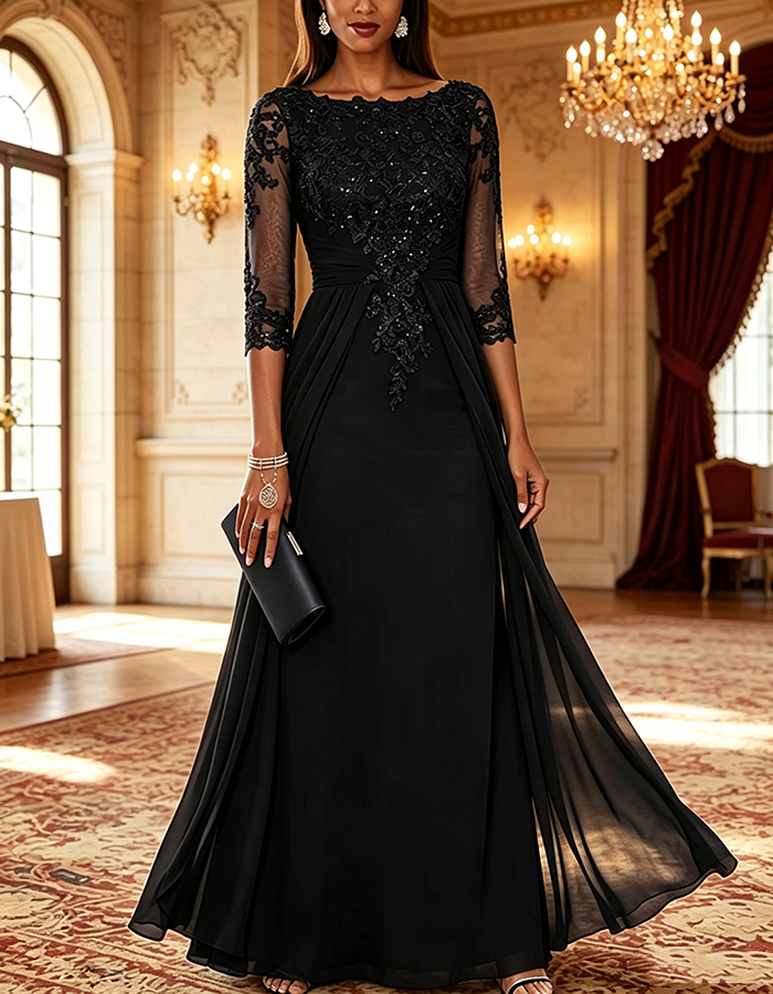 Navy‑Blue Bateau‑Neck Three‑Quarter‑Sleeve Sequin‑Lace Chiffon Maxi Dress
