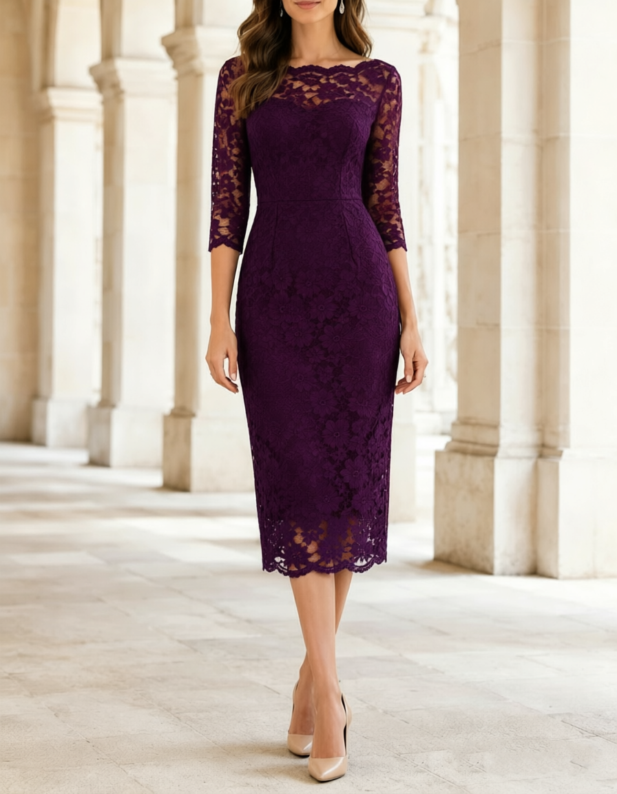 Scalloped Neck Heavy‑Duty Lace 3/4‑Sleeve Sheath Midi Dress