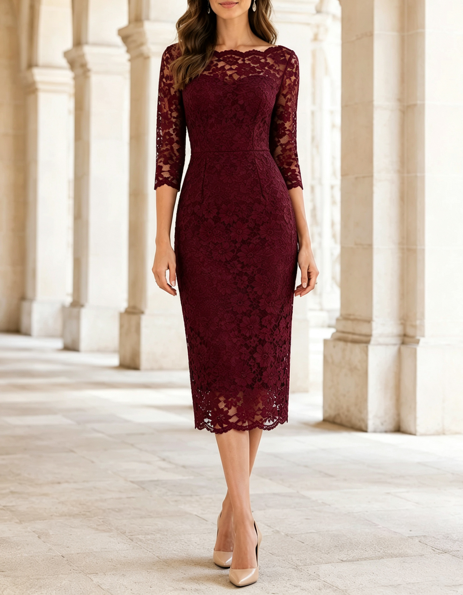 Scalloped Neck Heavy‑Duty Lace 3/4‑Sleeve Sheath Midi Dress