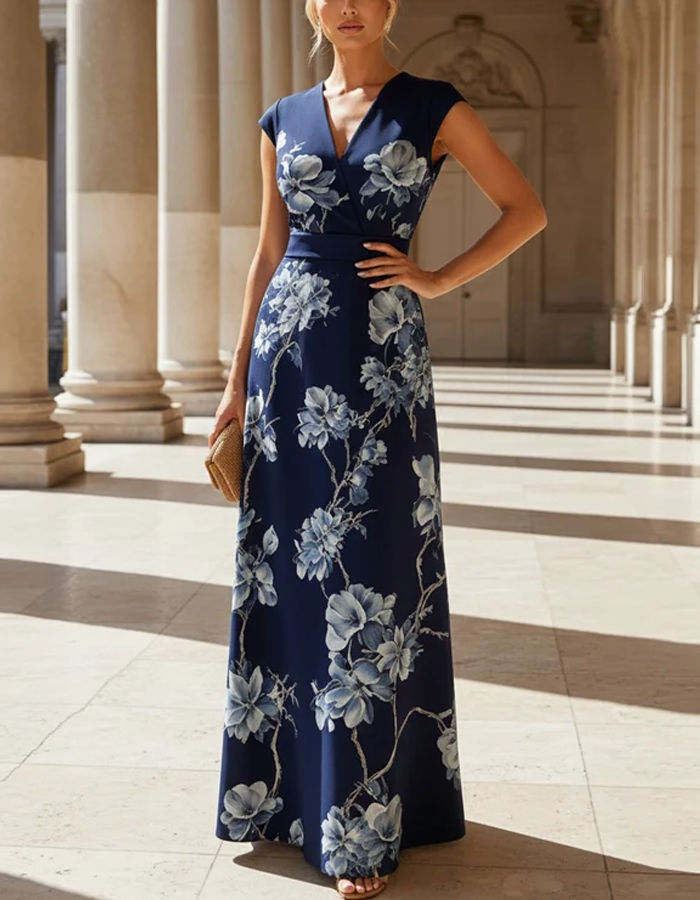 Short-sleeved Printed V-neck Maxi Dress