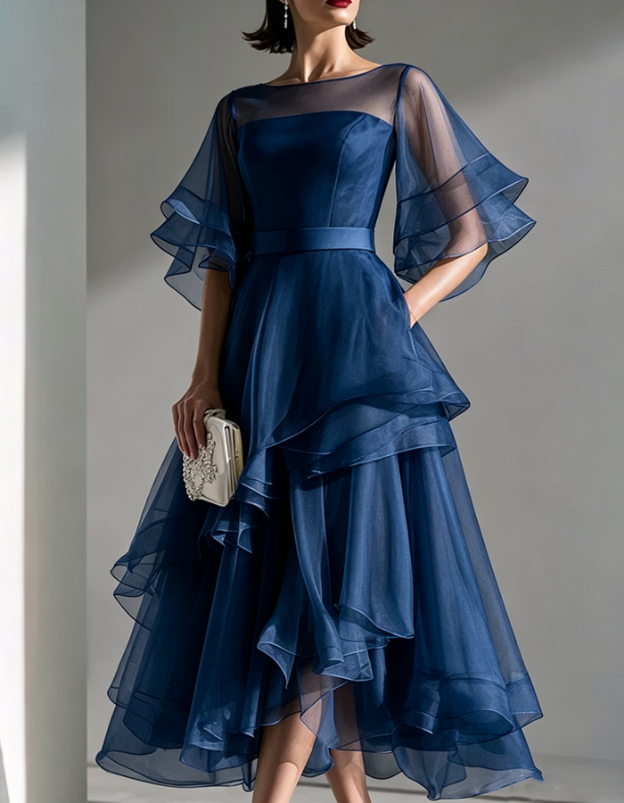 Boat Neckline Layered Flared Three-Quarter Sleeve Midi Dress