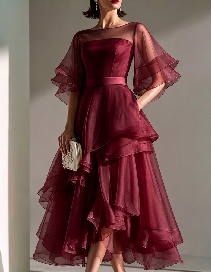 Boat Neckline Layered Flared Three-Quarter Sleeve Midi Dress