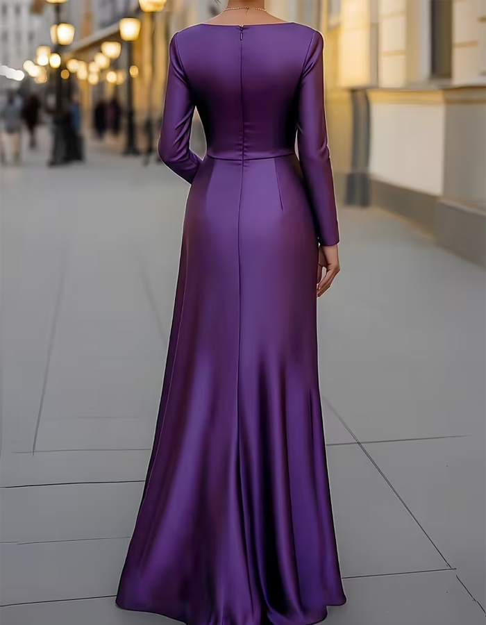 Long-sleeved Satin Pleated Waist Maxi Dress