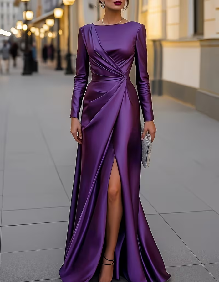 Long-sleeved Satin Pleated Waist Maxi Dress