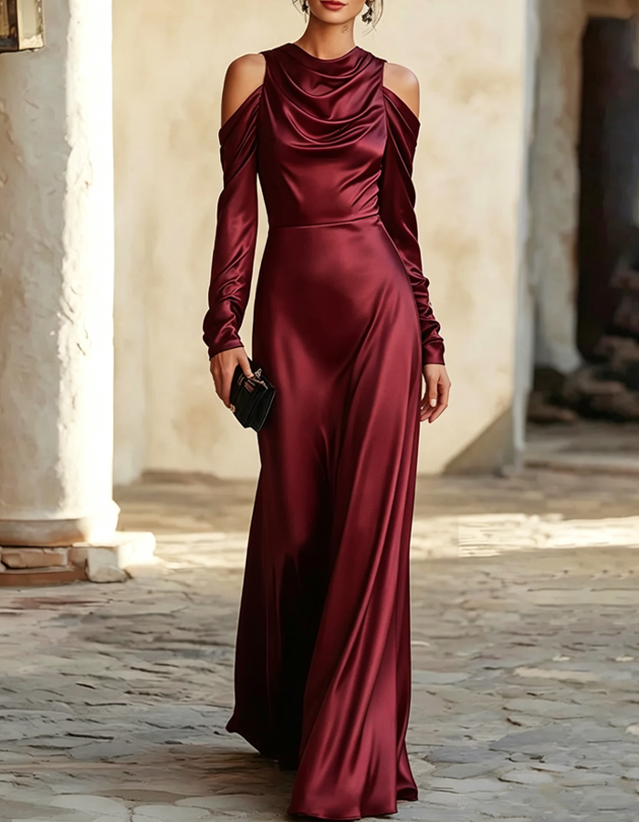 Long-sleeved Off-the-shoulder Satin Maxi Dress
